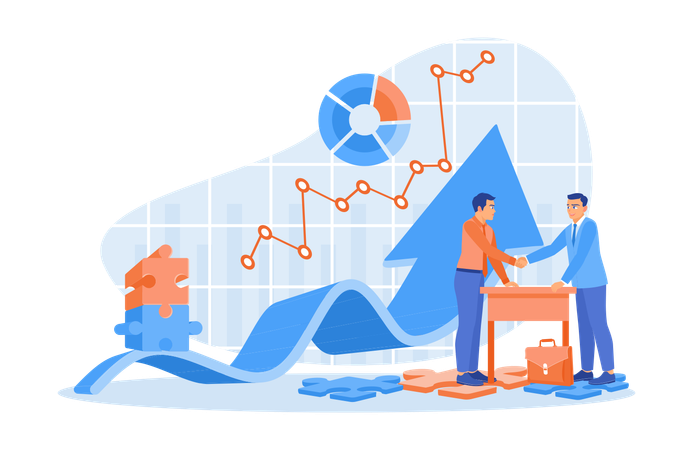 사업가와 동료가 악수하고 함께 일하여 사업 이익을 늘리는 모습  일러스트레이션
