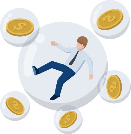 Businessman and dollar coin floating in bubbles  Illustration