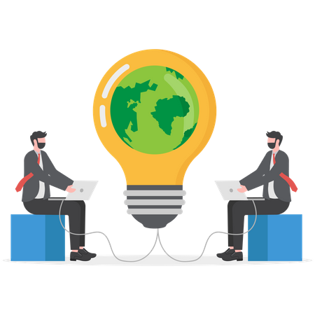 Businessman and employees using green electricity and saving power energy  Illustration