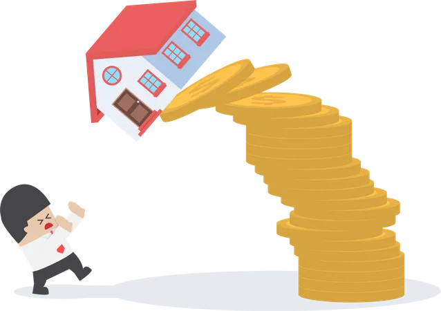 Businessman And Falling House And Coins Real Estate Investing Concept VECTOR EPS 10 Illustration