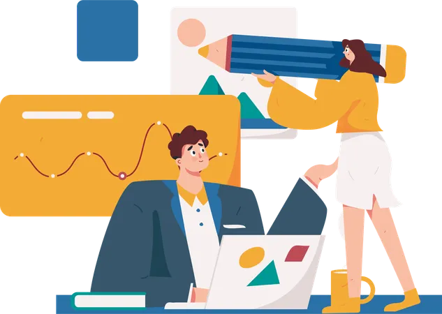 Businessman and girl working on business analysis  Illustration