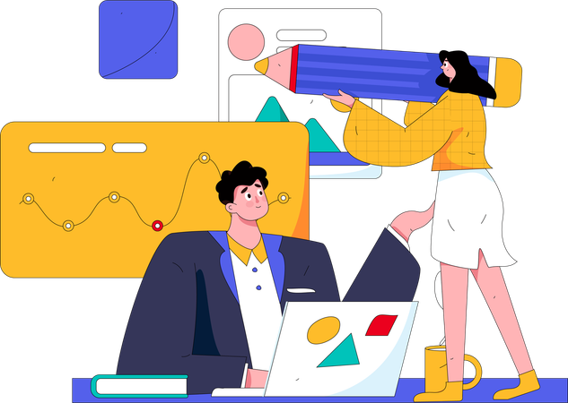 Businessman and girl working on business analysis  Illustration