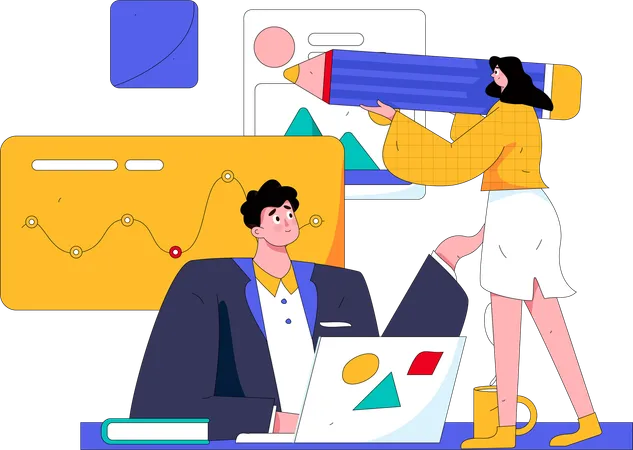 Businessman and girl working on business analysis  Illustration