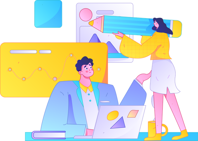 Businessman and girl working on business analysis  Illustration