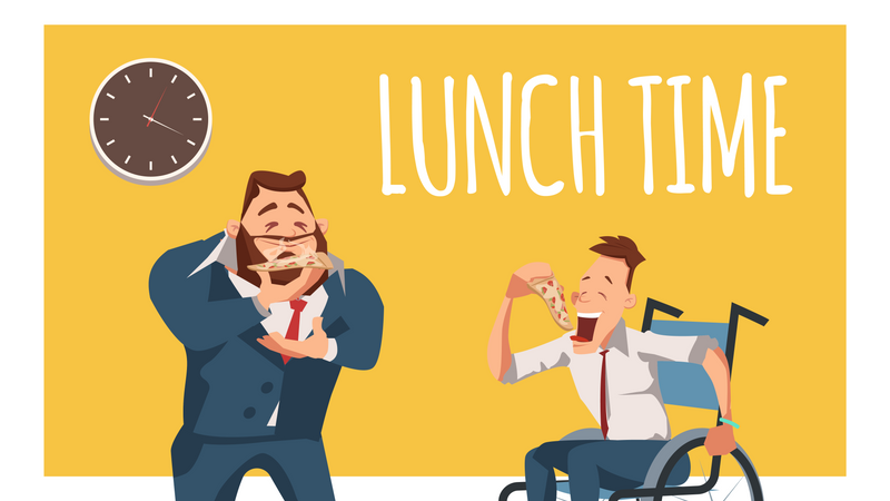 Businessman and handicap employee enjoying pizza  Illustration