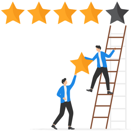 Businessman and his friend holding 5th star climb up ladder to put on best rating  イラスト