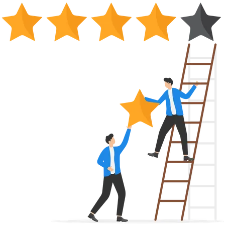 Businessman and his friend holding 5th star climb up ladder to put on best rating  Illustration