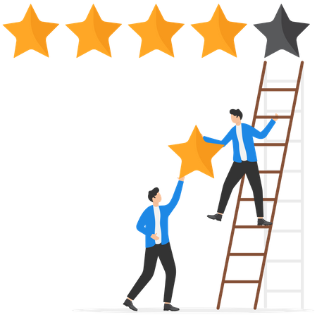 Businessman and his friend holding 5th star climb up ladder to put on best rating  Illustration