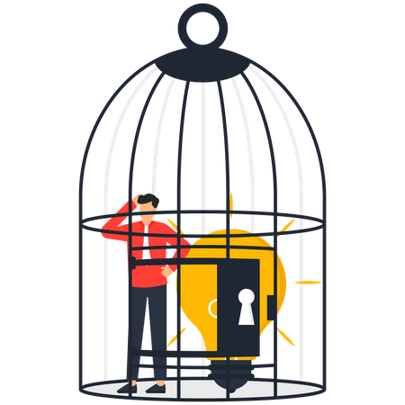 Businessman and his idea in the cage  イラスト