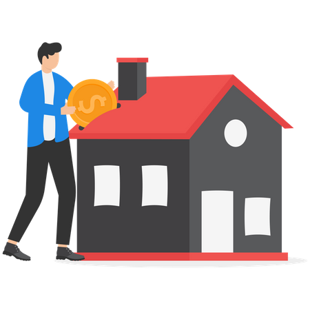 Businessman and home owner putting money dollar coin into new house  Illustration