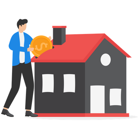 Businessman and home owner putting money dollar coin into new house  Illustration