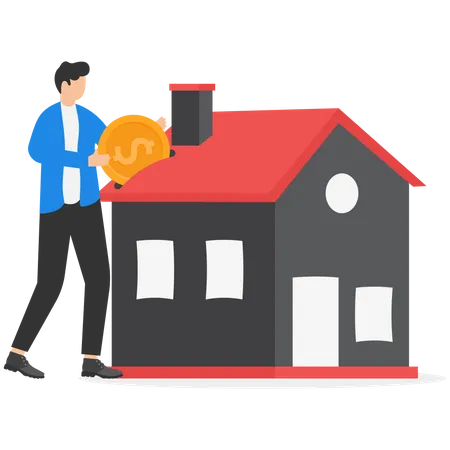 Businessman and home owner putting money dollar coin into new house  Illustration