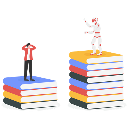 Businessman and robot competition for knowledge  Illustration