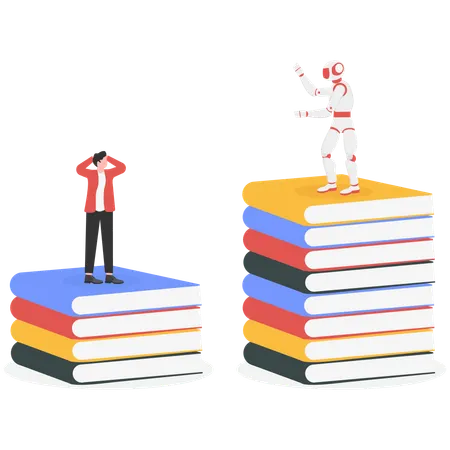 Businessman and robot competition for knowledge  Illustration
