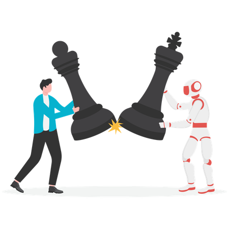 Businessman and robot fighting with chess piece for business strategy  Illustration