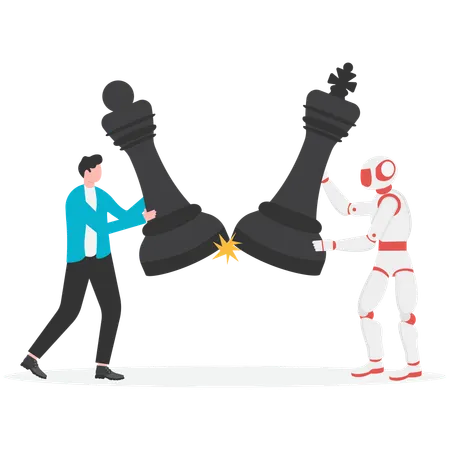 Businessman and robot fighting with chess piece for business strategy  Illustration