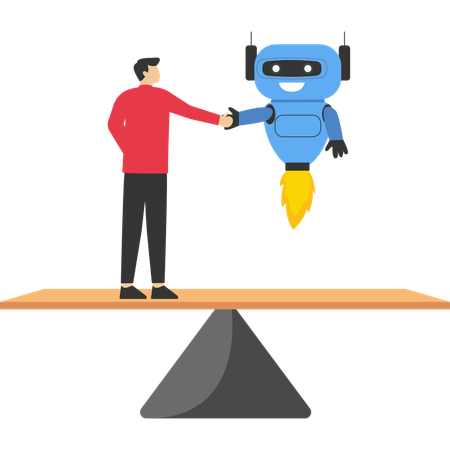 Businessman and robot handshake with success negotiation over balance seesaw  Illustration