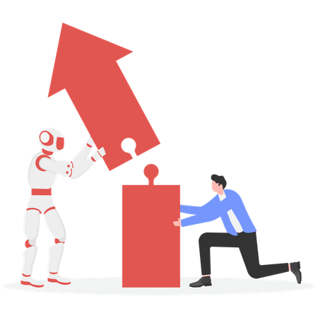 Businessman and Robot holding arrow jigsaw puzzle pieces  Illustration