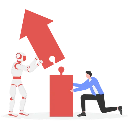 Businessman and Robot holding arrow jigsaw puzzle pieces  Illustration