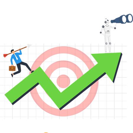Businessman and robot on growth arrow chart aiming for target business strategy  with AI technology for future vision and success  Illustration