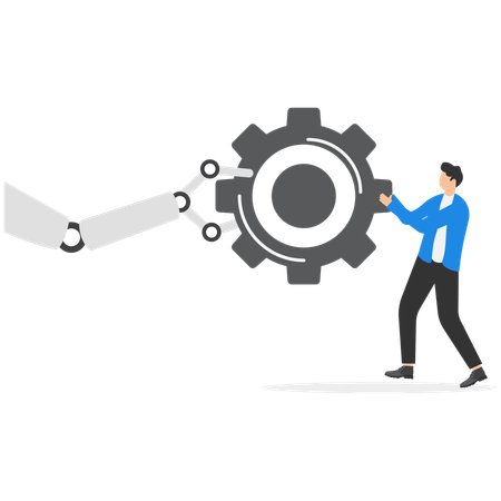 Businessman and robotic hand connecting cogwheel gear pieces to complete task  Illustration