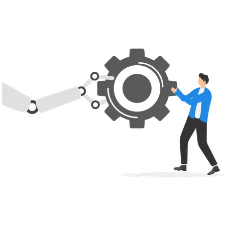 Businessman and robotic hand connecting cogwheel gear pieces to complete task  Illustration