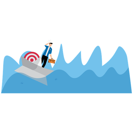 Businessman and target on a paper boat about to sink into sea  Illustration