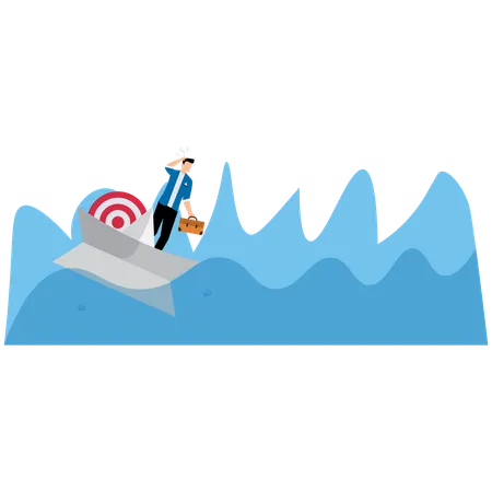 Businessman and target on a paper boat about to sink into sea  Illustration