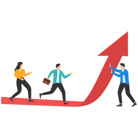 Businessman and team moves up on red arrow  Illustration