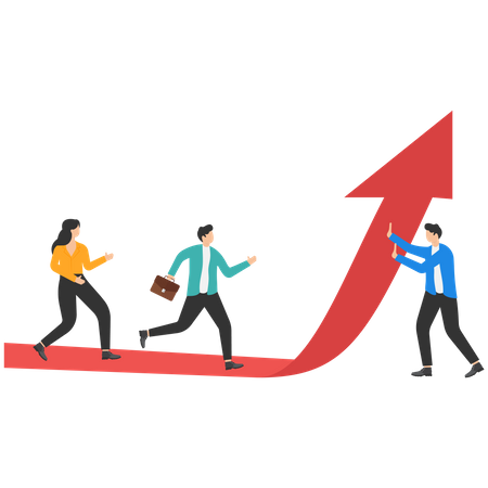 Businessman and team moves up on red arrow  Illustration