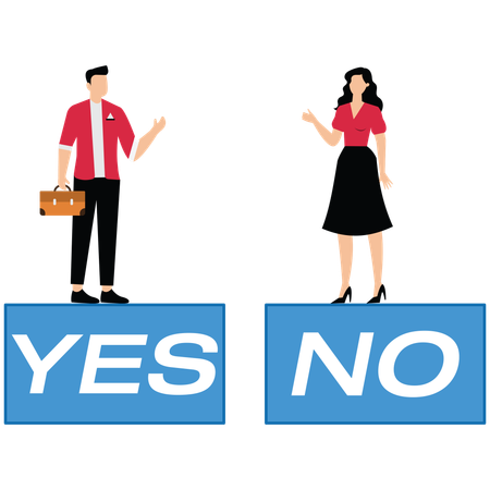 Businessman and woman arguing with yes and no sign  Illustration