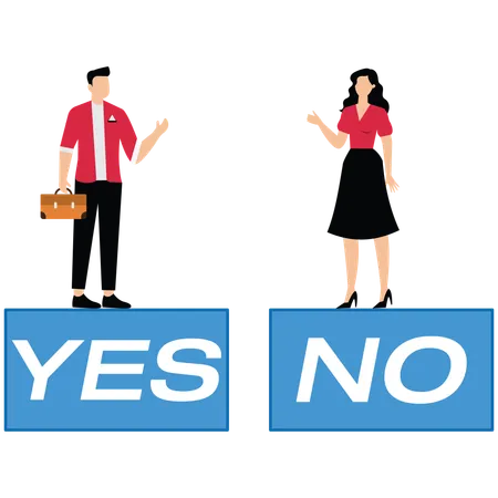 Businessman and woman arguing with yes and no sign  Illustration