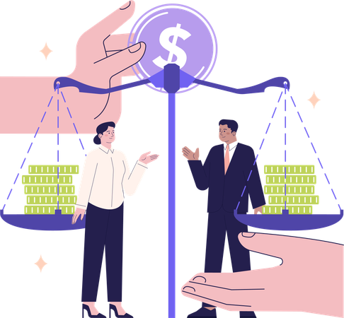 Businessman and woman balancing money  Illustration