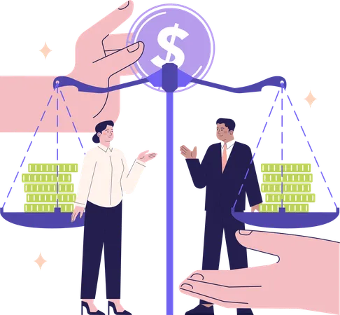 Businessman and woman balancing money  Illustration