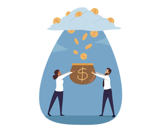 Businessman and woman catching money from cloud  Illustration