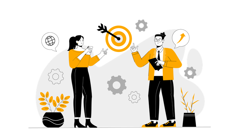 Businessman and woman discussion on marketing goal  Illustration