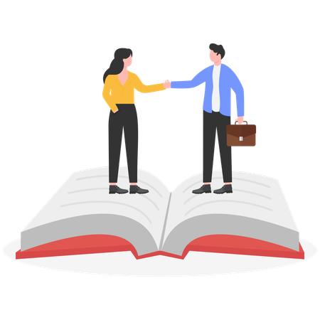 Businessman and woman doing business contract while standing on book  Illustration