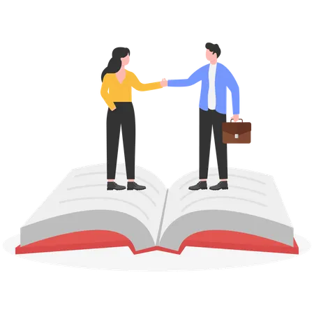 Businessman and woman doing business contract while standing on book  Illustration