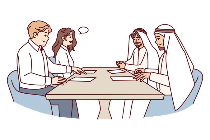 Businessman and woman doing business deal with arabic  people  Illustration