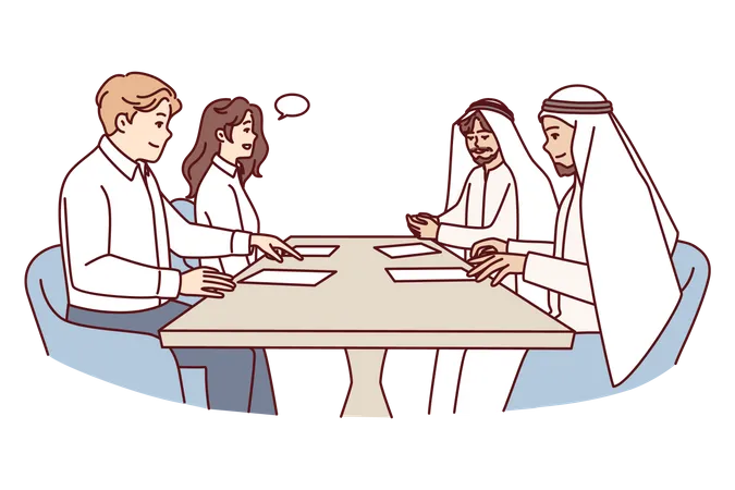 Businessman and woman doing business deal with arabic  people  Illustration