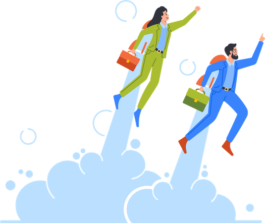 BusinessMan and Woman Flying Off with Jet Pack  Illustration