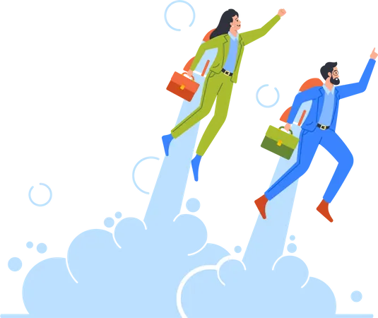 BusinessMan and Woman Flying Off with Jet Pack  Illustration