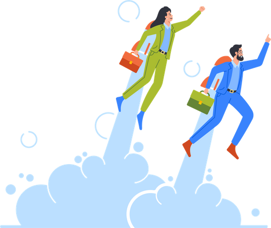 BusinessMan and Woman Flying Off with Jet Pack  Illustration