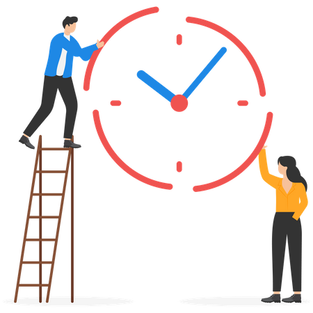 Businessman and woman help combine clock timer pieces  Illustration