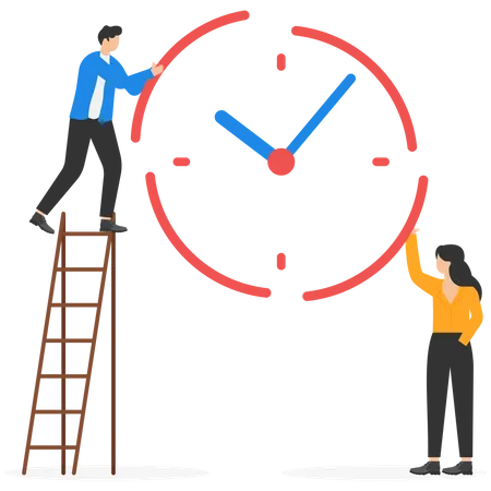 Time Management Or Project Management To Control Team To Complete Tasks Or Strategic Planner To Manage Resources To Complete Work In Deadline Businessman And Woman Help Combine Clock Timer Pieces Illustration