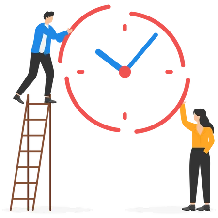 Businessman and woman help combine clock timer pieces  Illustration