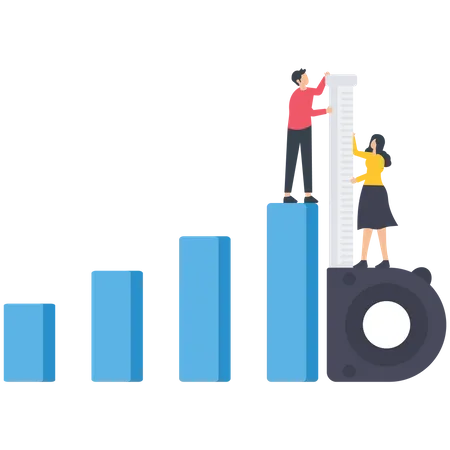 Businessman and woman help using measuring tape to measure bar graph  Illustration