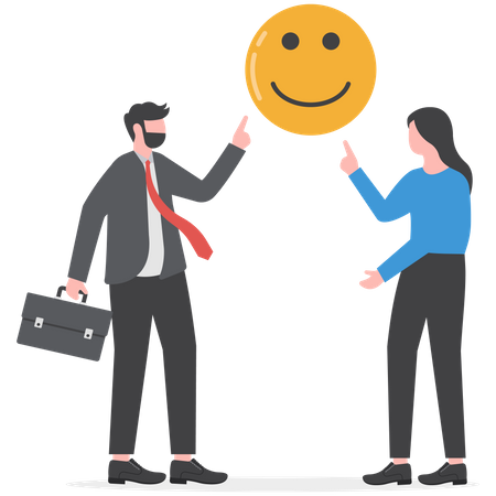 Businessman and woman holding smiling face  Illustration
