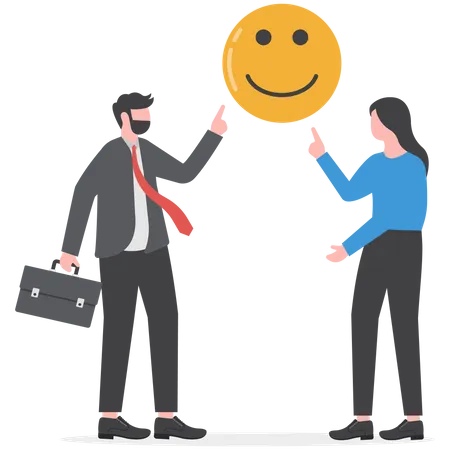 Businessman and woman holding smiling face  Illustration