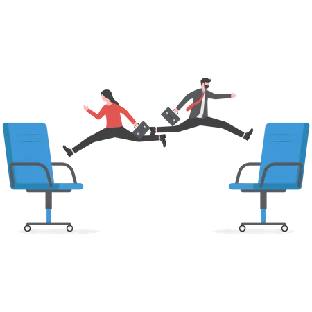 Businessman and woman jump on office chair metaphor of job rotation  Illustration